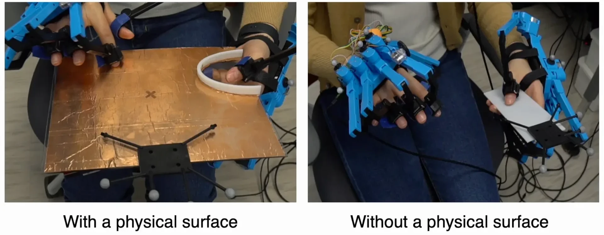 Participants using both hands with a physical surface versus without